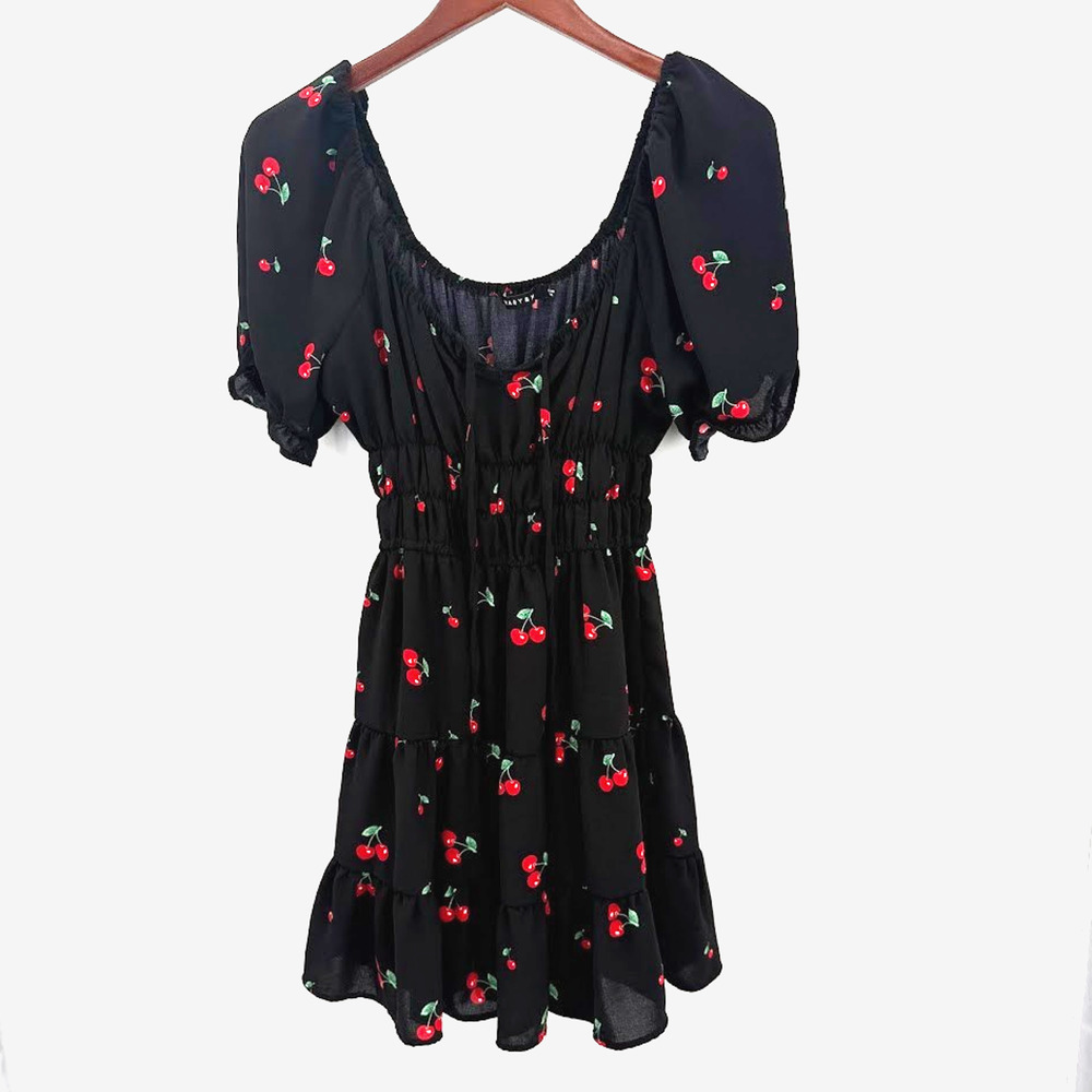 Mary & Mo Cherry Print Off Shoulder Mini Dress Womens Large Cottagecore